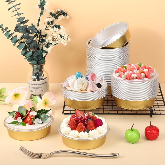 Beasea Aluminum Ramekins 200 Pack, 7.3oz 215ml Disposable Ramekins Foil Cups No Lids 4" Baking Ramekin Cupcake Aluminum Mini Baking Cups for Party - Golden