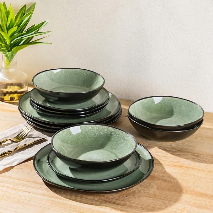 AmorArc Ceramic Dinnerware Sets,Handmade Reactive Glaze Stoneware Plates and Bowls Sets,Highly Scratch Resistant | Dishwasher & Microwave Safe Dishes Set,Service for 4 (12pc)