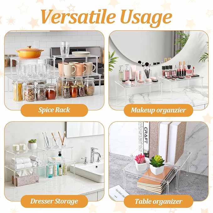 4Pack Acrylic Cabinet Organizer, Clear Cabinet Organizer Shelf, Spices, Soda Cans and Bottles, Stackable Shelves House Essentials for Gift