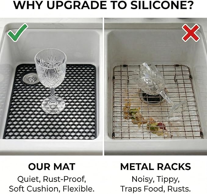 Silicone Sink Protectors for Kitchen - Non-Slip Heat Resistant Grid Mat for Farmhouse Porcelain Stainless Steel, Protects & Cushions Your Sink(Black 1PCS, 28.5"x14.5" Right-Side Drain)