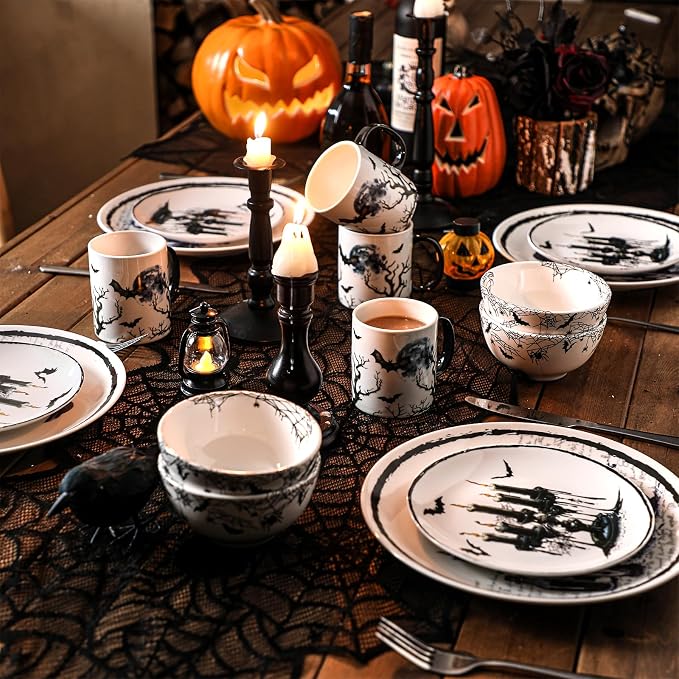 Pickmesh 16 Pcs Halloween Gothic Ceramic Dinnerware Serve for 4 Guest Holiday Dinner Festive Collection Gifts Spooky Kitchen Decoration Holly Ivy Dessert Plate Bowl Mug for Holiday Party
