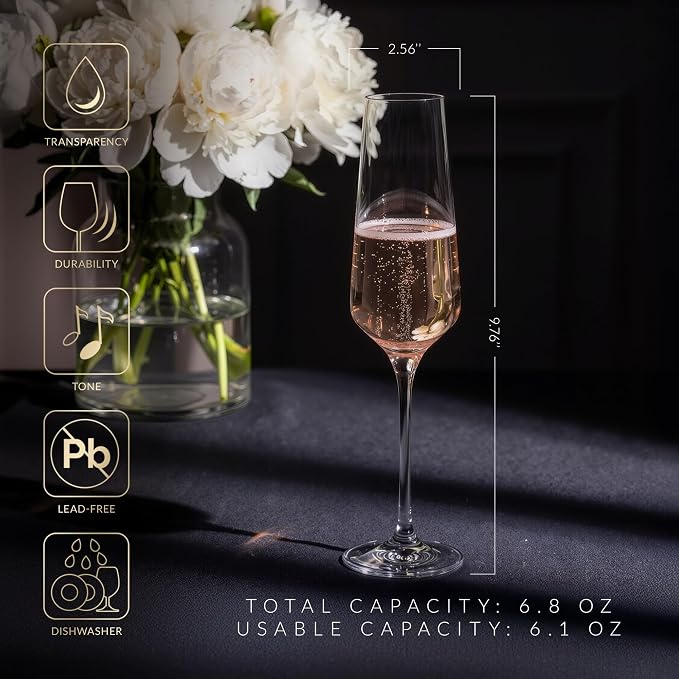 KROSNO Crystal Champagne Flute Glass | Set of 6 | 6.1 oz | Avant-Garde Collection | Perfect for Home, Restaurants and Parties | Dishwasher Safe