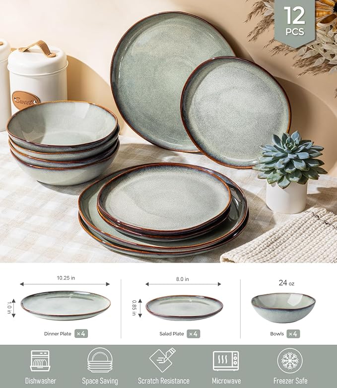 GBHOME Stoneware Dinnerware Sets for 4, 12 Pieces Rustic Earthenware Plates and Bowls Set, Handmade Reactive Glaze Ceramic Plate Sets, Chip Resistant Dishes, Microwave & Dishwasher Safe, Earthy Sage