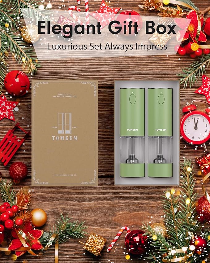 TOMEEM Upgraded Larger Capacity Electric Salt and Pepper Grinder Set Rechargeable with LED lights, Stainless Steel Automatic Pepper and Salt Grinder Refillable with 5 Adjustable Coarseness Green