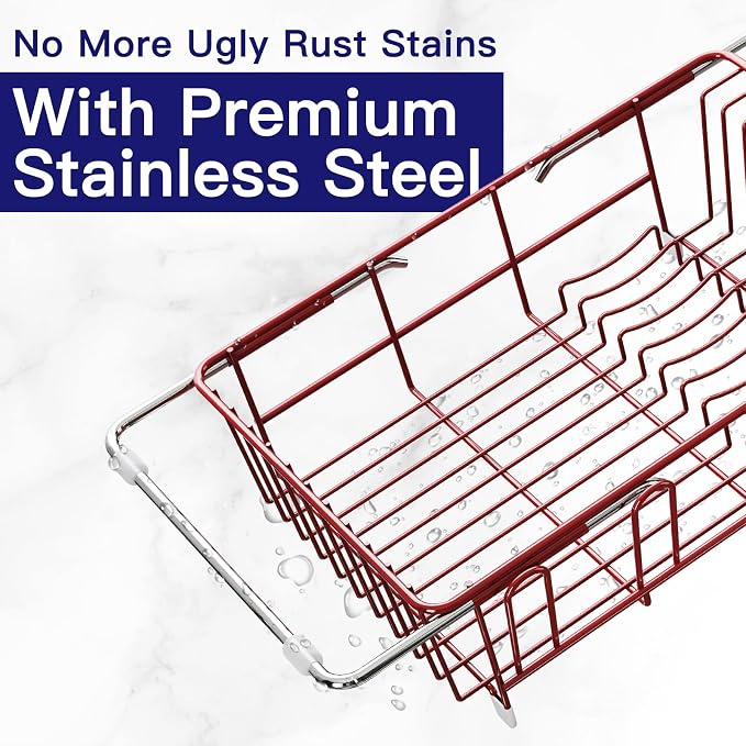 MAJALiS Red Dish Drying Rack Over The Sink with Utensil Holder, Mat | Expandable Stainless Steel Dish Drainer for Small Kitchen, Apartment, RV, Counter Space Saving, Perfect Fit, Rustproof