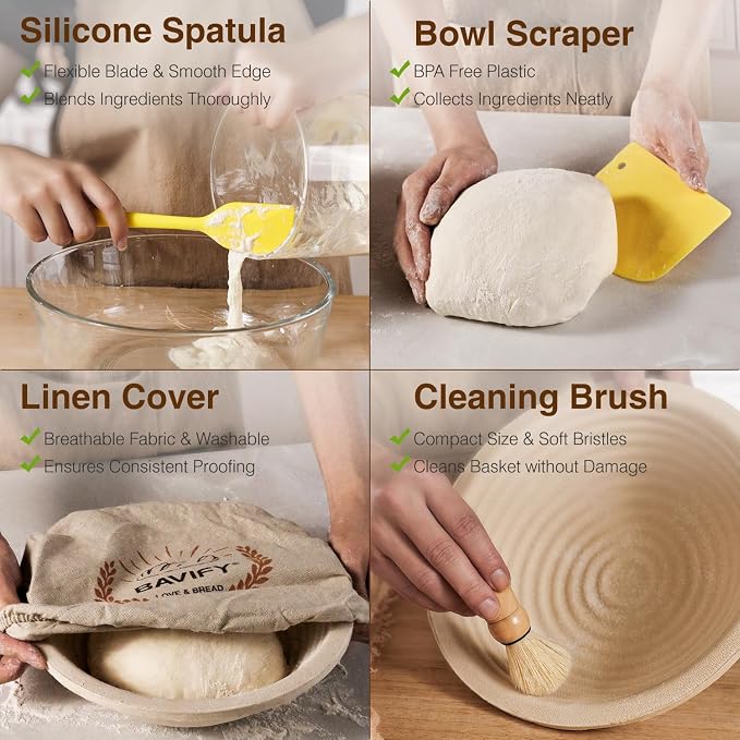 BAVIFY Sourdough Starter Kit, Banneton Bread Proofing Baskets Set | 2-Pack 9 in Round Wood Pulp Banneton, 2.2 lb Capacity, Superior Moisture Control, Easy Release, Thick Walls Design