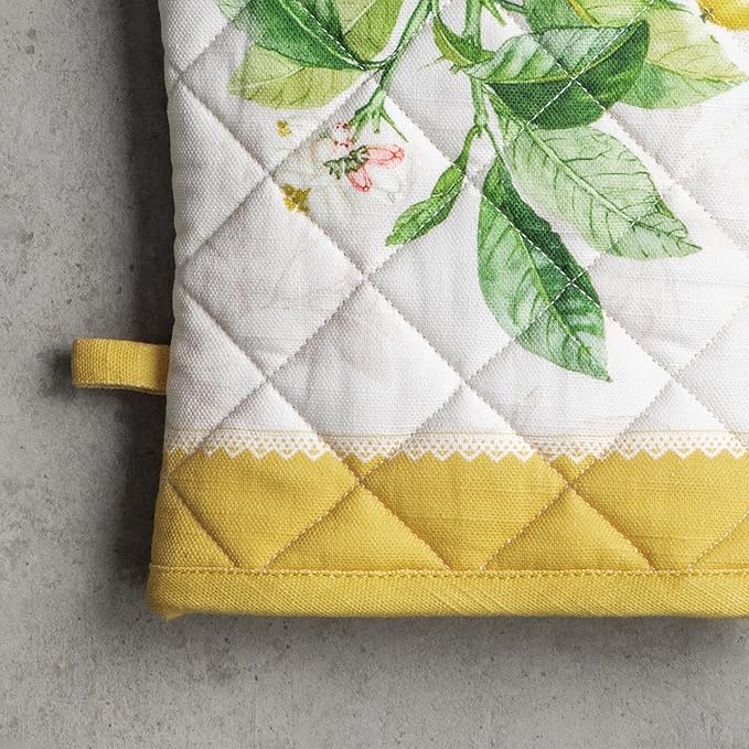 Maison d' Hermine 100% Cotton Oven Mitt & Pot Holder Set (7.5"x13" & 8"x8") Heat Resistant BBQ Cooking Gloves with Loop Baking Grilling Kitchen Gifts for Mothers Day Spring/Summer (Limoncello)