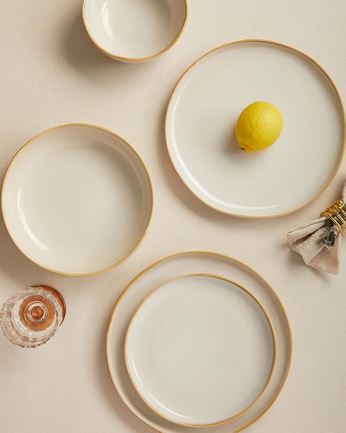 Pokini 24 Pieces Dinnerware Set for 6 with Pasta Bowls, Complete Ceramic Dish Set, Stackable & Glossy Stoneware Plate and Bowl Set for Effortless Everyday Hosting, Yellow White