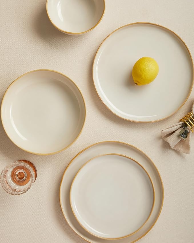 Pokini Ceramic Plates and Bowls Set, Everyday Dinnerware Set for 4, Wavy Rim Kitchen Dish Set, Chip Resistant Dishware Sets, Dishwasher Safe Dinner Set, Designed for Simple Meals, Yellow White