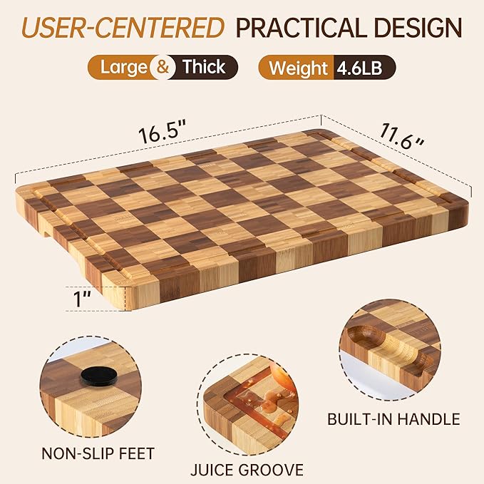 Bamboo Cutting Boards for Kitchen, End Grain Wood Cutting Board with Juice Grooves & Handles, Charcuterie Checkered Chopping Board Thick Butcher Block Serving Tray with Gift Box, 16.5"×11.6"× 1"