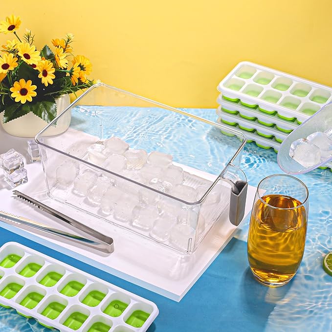 Aneco Plastic Freezer Ice Bin Set with Flexible Scoop Clear Storage Bin with Pull out Handle Tongs Ice Cube Tray Ice Container for freezer Kitchen, 12 x 7 x 4.4 Inch