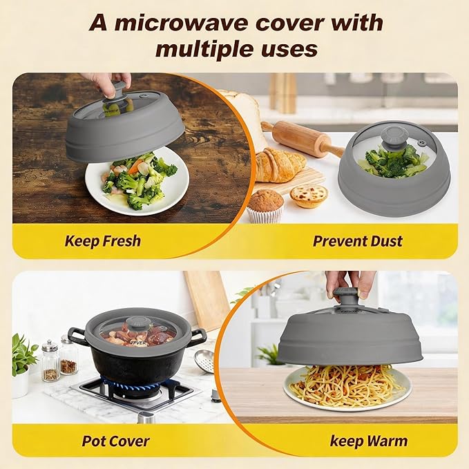 Microwave Splatter Cover - 9.8" Glass Lid with Collapsible Silicone Rim, Universal Pot & Plate Cover for Mess-Free Heating (Gray, 9.8inch)