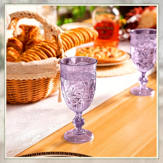 Wiwiqing 6 Pcs Plastic Goblets 7.5oz Vintage Goblet Plastic Wine Glasses Colored Retro Embossed Water Goblets for Wine Bar Juice Baby Shower Wedding Reception Grand Event Party (Purple)