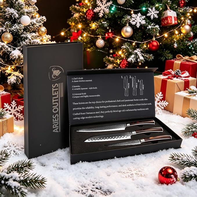 VG10 HPS 3 Piece Japanese Chef Knife Set, Damascus Kitchen Knives with VG10 Steel Core, Essential Chef Knives Set with Pakka Wood Handle for Daily Cooking