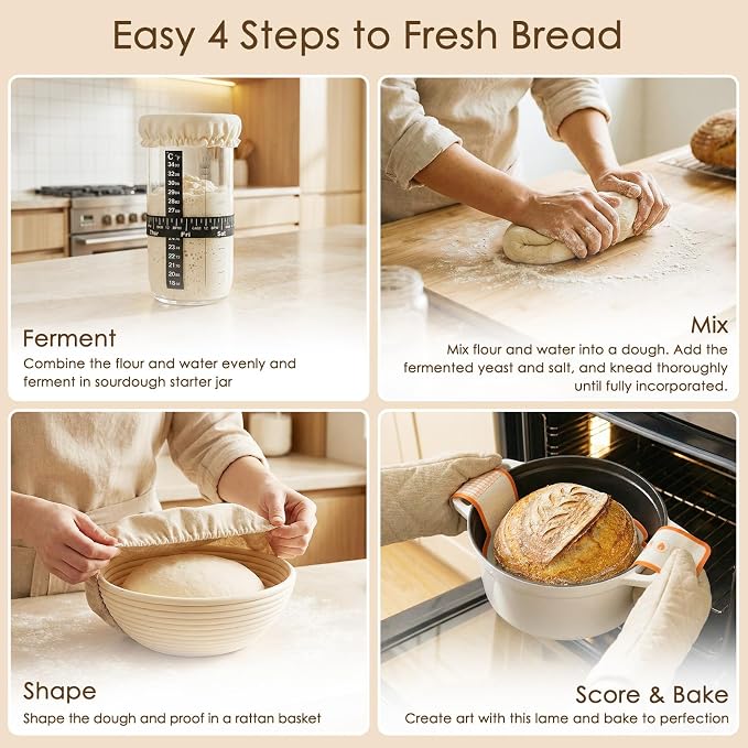 Kikcoin 13 PCS Sourdough Starter Kit with Round & Oval Banneton, Sourdough Bread Baking Supplies with Handmade Baskets, Bread Proofing Basket with Starter Jar, Bread Making Tools Kit for Beginners