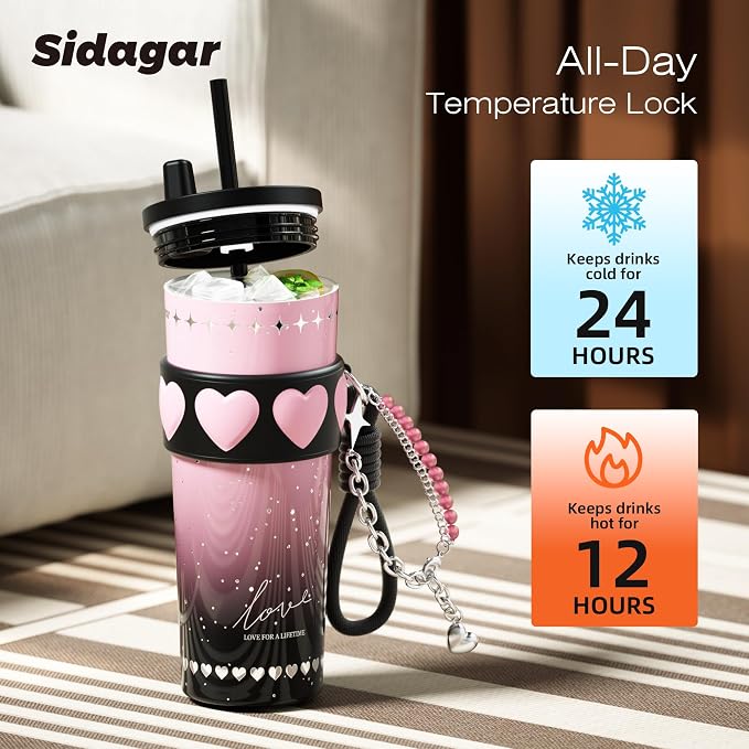 24 oz Stainless Steel Tumbler with Lid and Straw, Insulated Coffee Mug, Leak Proof, Portable Iced Travel Water Bottle, Reusable Thermal Coffee Cup Gift for Women, Pink