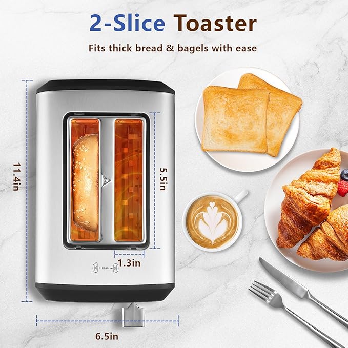 SAKAMOSH 2 Slice Touch Screen Toaster 1.3" Wide Slots for Bagels, Smart Digital Display Toaster with 6 Browning Levels & 6 Bread Types, Memory, Defrost, Reheat, Stainless Steel, 800W