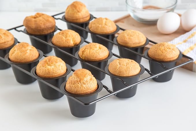 Fox Run Linking Mini Popover Pan, Carbon Steel, Nonstick, 12 Mini Cups | Bake Popovers & Yorkshire Pudding | Easy Release Nonstick | Consistent Results | 12 Mini Cup Pop Over Baking Pan