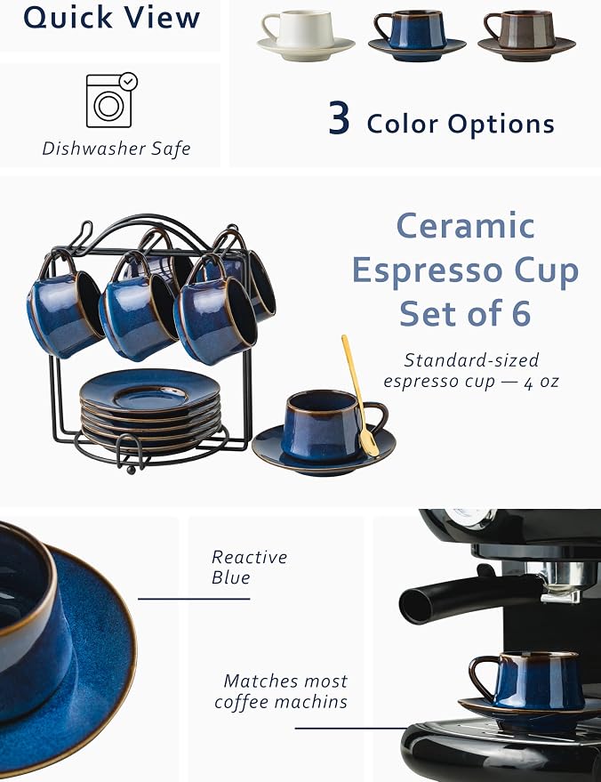 YHOSSEUN Espresso Cups Set of 6, 4 OZ Expresso Shots Cup with Sacuers, Spoons, and Metal Stand, Ceramic Coffee Espresso Cups for Father's Day, Espresso Accessories for Machine, Blue