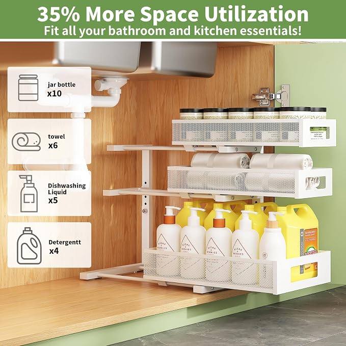 3-Tier Under Sink Organizer,2 Pack Height Adjustable Pull Out Cabinet Organizer Shelf, Thickened Metal Slide out Storage Drawer Rack for Bathroom Laundry Room Kitchen Pantry Organization (White)