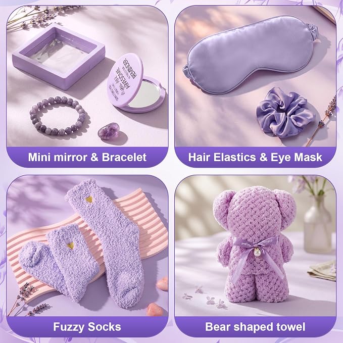 Sieral 14 Pcs Birthday Gifts for Women Care Blanket Gifts Set Spa Baskets Get Well Soon Gift Baskets for Women Mom Her Girlfriend Sister Daughter Friend Wife Grandma(Piped,Purple)