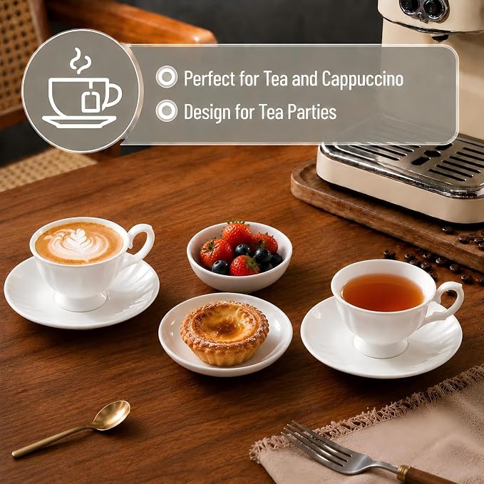 Fine Bone China Tea Cups and Saucers Set of 2, 4 Oz Vintage British Royal Style Espresso Coffee Cups for Afternoon Tea, Latte, Cappuccino, Elegant Gift