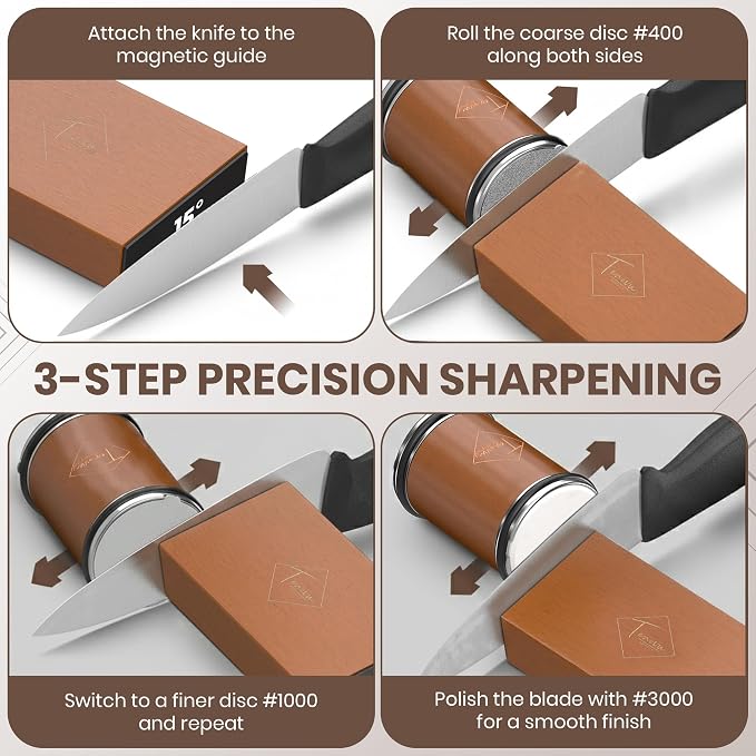 Rolling Knife Sharpener Kit with 5 Total Magnetic Snap-On Discs | 15° & 20° angle guide, 2x #400, 2x #1000, 1x #3000 discs, leather strop and microfiber cloth included