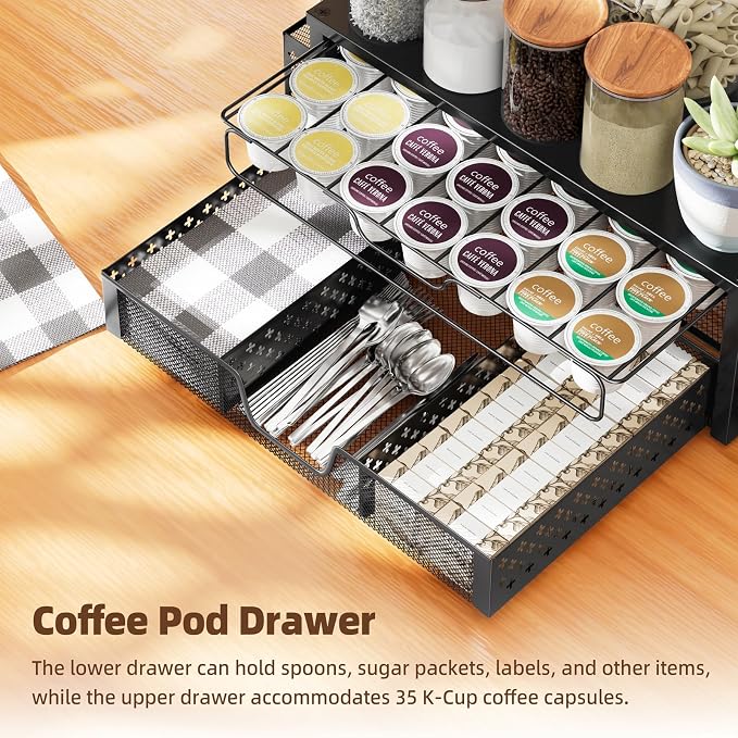 Ekisemio 2-Tier K Cup Organizer with Sliding Drawer & Side Baskets, Black | 63 K-Cups or 83 Capsules| Sliding Drawers | Side Baskets | Sturdy Metal Frame | Tool-Free Assembly | Space Saving | Black