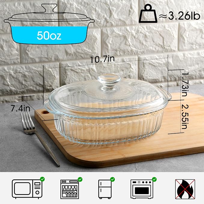 NUTRIUPS 2L Borosilicate Glass Oval Casserole Dish and Lid for Oven
