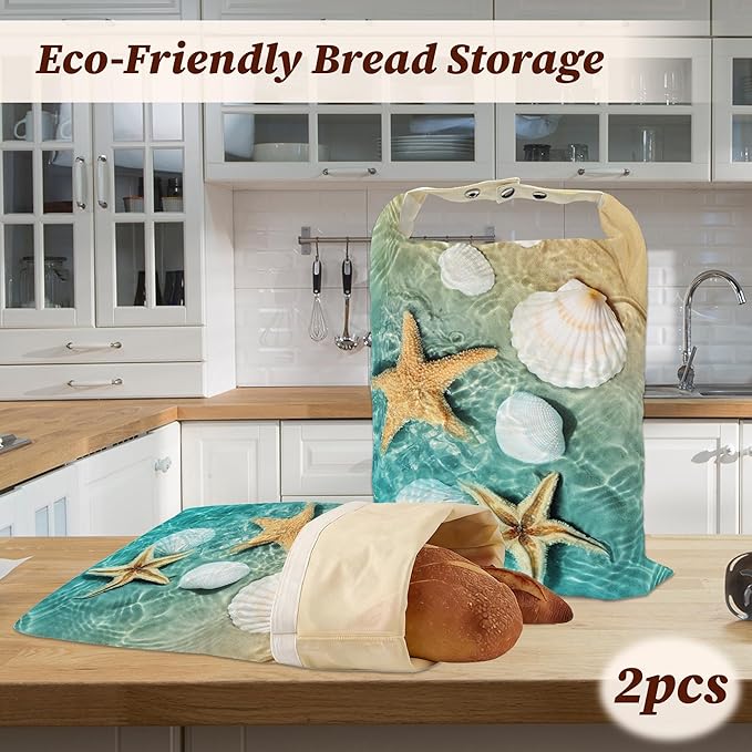 Bread Bags for Homemade Bread- Starfish Shells Beach 2 Pack Linen and Beeswax Sourdough Storage Bags, Reusable Keeper, Keeps Breads Fresh Longer, Gifts for Bakers