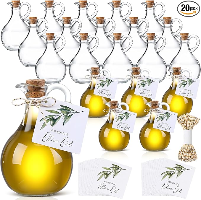 Vesici 20 Set Olive Oil Bottle with Stopper Mini Glass Oil Cruet Dispenser with Label Vinegar Bottle with Spout for Kitchen Salad Dressing Syrup Container for Wedding Baby Shower Favors(8.5 oz 3)