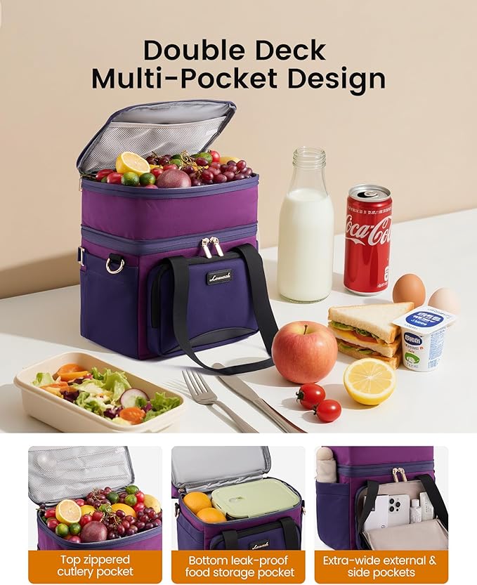 LOVEVOOK Insulated Lunch Bag For Women Men,Expandable Double Deck Lunch Box With Large Cup Holder,Leakproof Cooler Bag For Adult Lunch Tote Bag Work Picnic Beach with Adjustable Shoulder Strap Gift