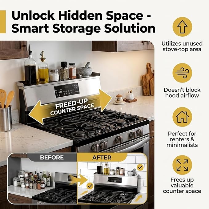 30" Stainless Steel Stove Top Shelf - Dual Mount (Screw & Adhesive) - No Slide/No Spill, Side Guards, Spice Rack & Over The Stove Organizer, StoveShelf (Stay Secure)