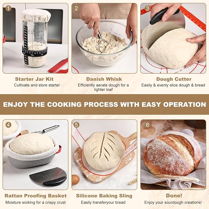 Sourdough Bread Baking Supplies, Banneton Bread Proofing Basket, 10 Inch Oval & Round Bread Baskets with Liners & Covers, Sourdough Starter Kit