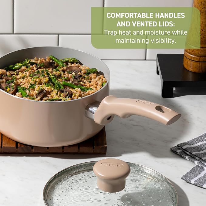 T-Fal Refresh Ceramic Nonstick Cookware Set, 12-Piece, Oven Safe to 350°F, Includes Stockpot, Griddle, Frying Pans, Utensils, Ceramic Pots and Pans Set, Sand Beige