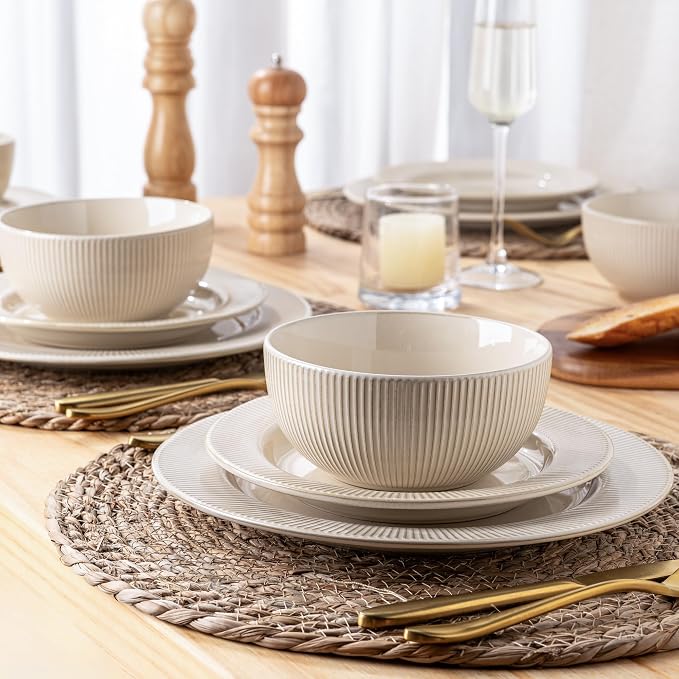GBHOME Ceramic Dinnerware Sets,12 pcs Embossed Elegant Stoneware Plates and Bowls Sets, Housewarming Wedding Gift | Dishwasher & Microwave Safe | Dishes Set Service for 4