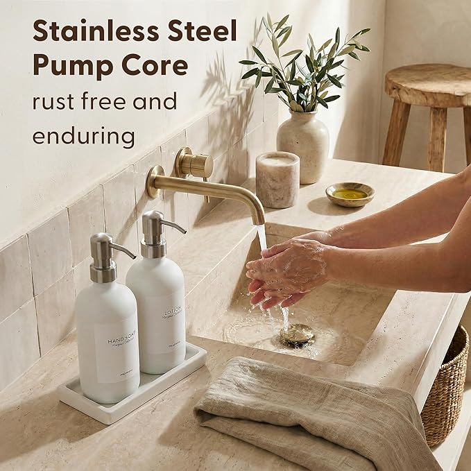 MaisoNovo Soap and Lotion Dispenser Set - Bathroom Soap Dispenser Set with White Soap Dispenser, Silver Pumps & Concrete Tray