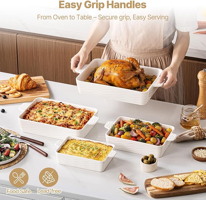 Estmoon Casserole Dishes for Oven, Ceramic Baking Dishes Set of 4, Porcelain Baking Pan with Handles, Rectangular Lasagna Pan for Baking, Wedding Gifts, Casserole, Kitchen, White(7.5''/9"/10.6"/12")