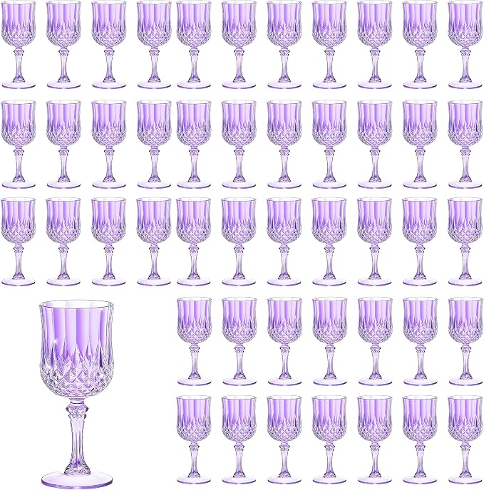 7OZ Plastic Wine Glasses, Reusable Vintage Goblets Unbreakable Drinking Glasses Crystal Water Cups Champagne for Wedding, Parties (48, Light Purple)