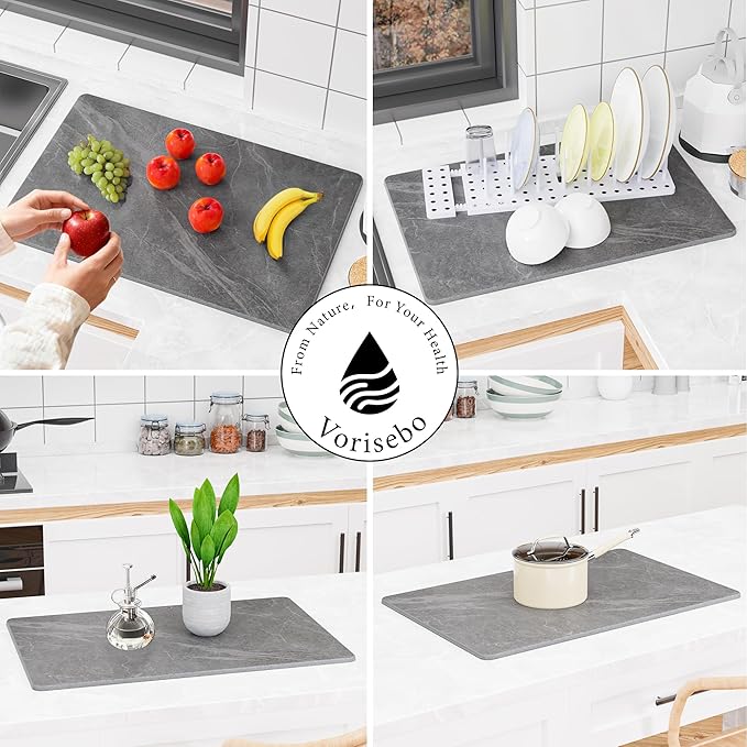 Large Stone Drying Mat for Kitchen Counter, 24" × 16" Diatomite Dish Drying Mat, Ultra Absorbent Diatomaceous Earth Dry Stone Mats with Dish Rack for Dished, Bottles, Black Marble