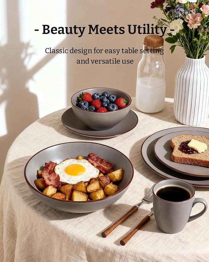 Famiware Venus Stoneware Dinnerware Set with Pasta Bowls for 6, 24-Piece Speckled Plates and Bowls with Trim, Matte Dark Gray - Chip‑Resistant Dishes for Everyday/Formal Use, Microwave/Dishwasher Safe