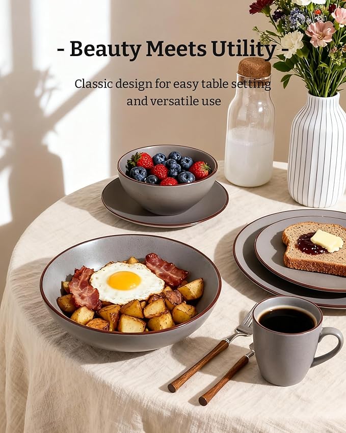 Famiware Venus Stoneware Dinnerware Set with Pasta Bowls for 4, 16-Piece Speckled Plates and Bowls with Trim, Matte Dark Gray - Chip‑Resistant Dishes for Everyday/Formal Use, Microwave/Dishwasher Safe