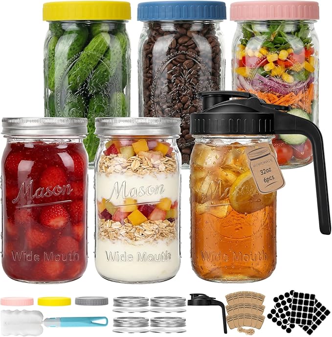 CycleMore 32 oz Wide Mouth Mason Jars with Airtight Metal Lids, 6-Pack Canning Jars with Colorful Plastic Lids & Pitcher Lid, Quart Jars for Overnight Oats, Pickling, Cold Brew, and Sun Tea