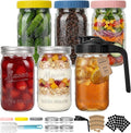CycleMore 32 oz Wide Mouth Mason Jars with Airtight Metal Lids, 6-Pack Canning Jars with Colorful Plastic Lids & Pitcher Lid, Quart Jars for Overnight Oats, Pickling, Cold Brew, and Sun Tea