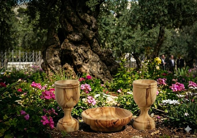 Christian Wedding Gifts – Olive Wood Communion Set Made in Bethlehem – 2 small Cups (3") & Bread Tray for Marriage Unity Ceremony – Authentic Holy Land Gift for Bride & Groom with Certificate