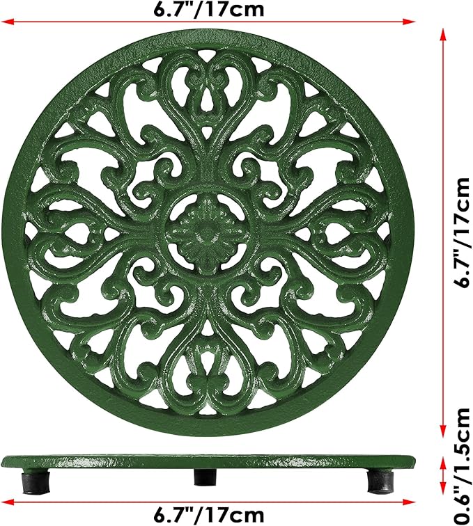 Sumnacon Cast Iron Trivet 2 Pcs 6.7 Inch Iron Trivet for Hot Dish Pot Pan Plate Teapot,Heat Resistant Cast Iron Trivets with Rubber Feets for Kitchen Dining Table Cooktop Stove,Retro Green