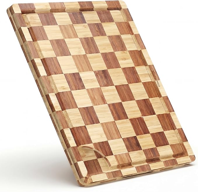 XL Bamboo Cutting Board for Kitchen Extra Large Checkered End Grain Wood Chopping Board with Deeper Juice Grooves Wooden Butcher Block for Kneading Dough, Meat, Cheese & Charcuterie
