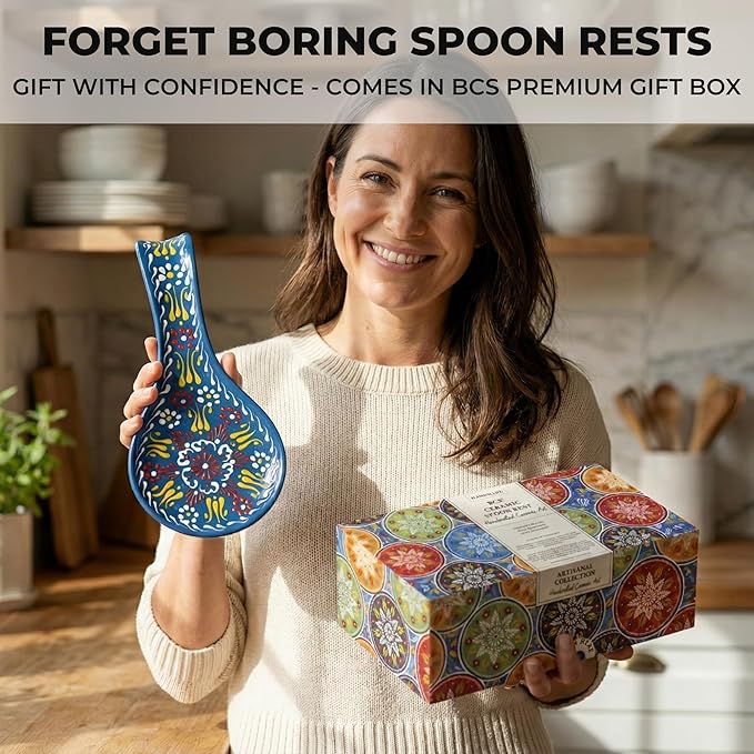 BCS Ceramic Spoon Rest, Large 9” Hand Painted Spoon Holder for Stove Top & Kitchen Counter, Dishwasher Safe & Heat Resistant Utensil Holder, Floral Kitchen Decor, Handmade Pottery