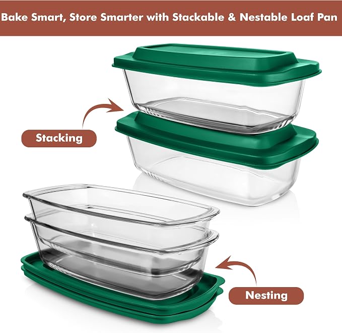 Razab LARGE 7.6 Cups/1800 ML/1.9 Qt Glass Loaf Pan with Lids (Set of 2) - Meatloaf Pan BPA free Airtight Lids Grip Handle Easy Carry, Microwave and Oven Safe - Loaf Pans For Baking Bread, Cakes