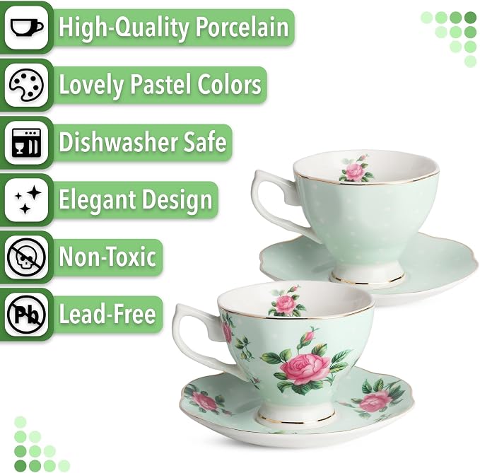 BTaT- Floral Tea Cups and Saucers, Set of 2, 8 oz, Fine Porcelain Teacup Set with Gold Trim for Afternoon Tea, Weddings, Parties & Gifting, Dishwasher Safe, Lightweight, Non-Toxic